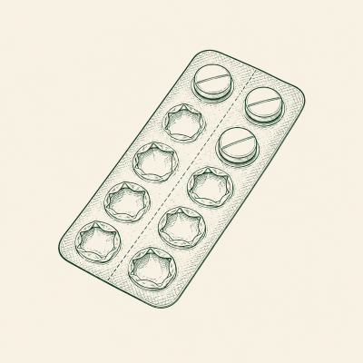 Line drawing of a blister strip with three tablets remaining
