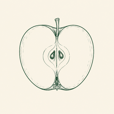 Line drawing of a halved apple showing its core and two seeds