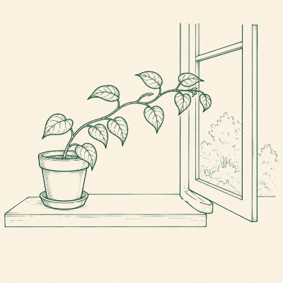 Line drawing of a potted plant on a windowsill leaning towards an open window