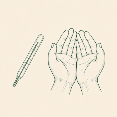 Line drawing of a thermometer beside a cupped pair of hands